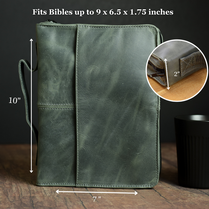 Gray Full Grain, Natural Leather Bible Cover / Case with Zipper by World Orphans