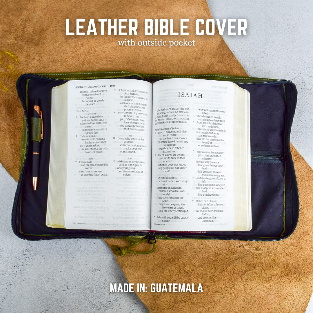 Dark Green Full Grain, Natural Leather Bible Cover / Case with Zipper - by World Orphans