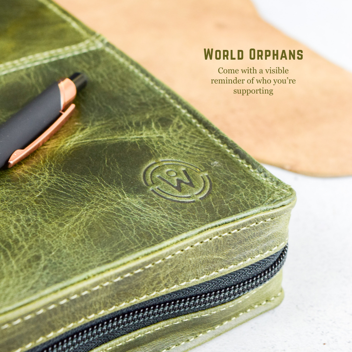 Dark Green Full Grain, Natural Leather Bible Cover / Case with Zipper - by World Orphans