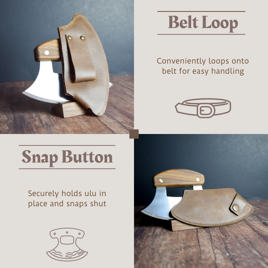 two photos of Ulu knives in stand with sheaths in front and two graphics about belt loop and snap button features of sheath