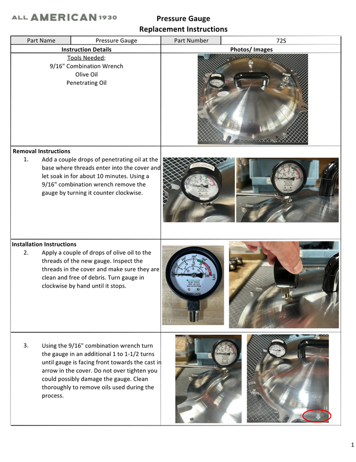 All American Pressure Gauge Replacement Instructions