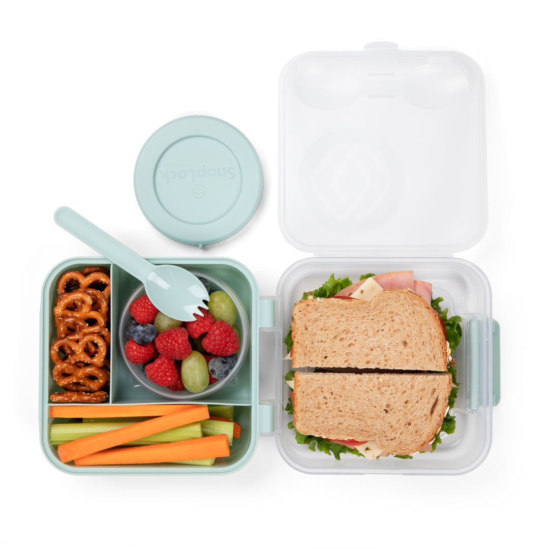 top view of light blue plastic food storage lunch container with lid and lunch including sandwich, chopped veggies, fresh fruit, and pretzels