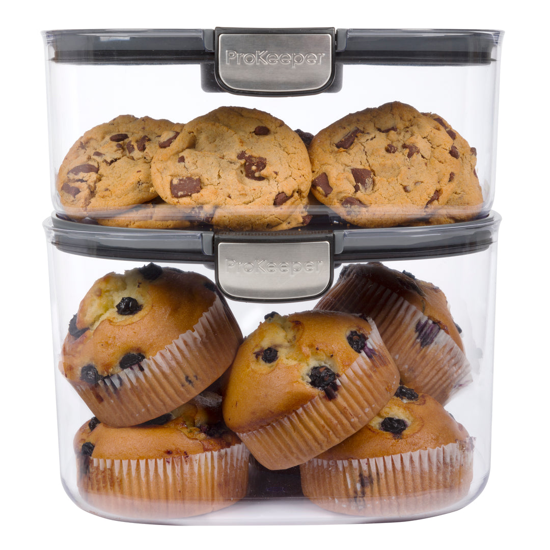 airtight plastic containers with cookies and muffins