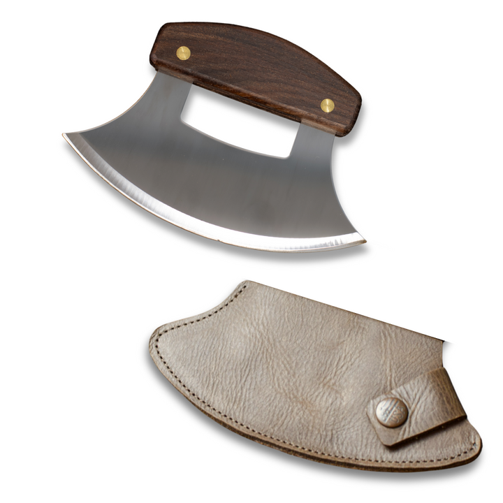 Alaskan Ulu knife with walnut handle and leather sheath below it