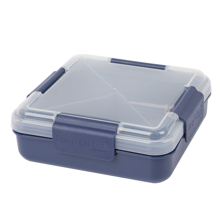 closeup of blue bento box container for lunch and snacks