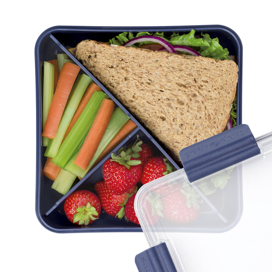 bento box lunch container with snacks and a sandwich