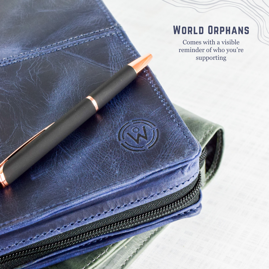 Crazy Blue Full Grain Leather Bible Cover Case with Zipper by World Orphans