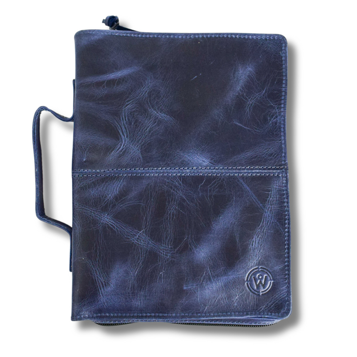 Crazy Blue Full Grain Leather Bible Cover Case with Zipper by World Orphans