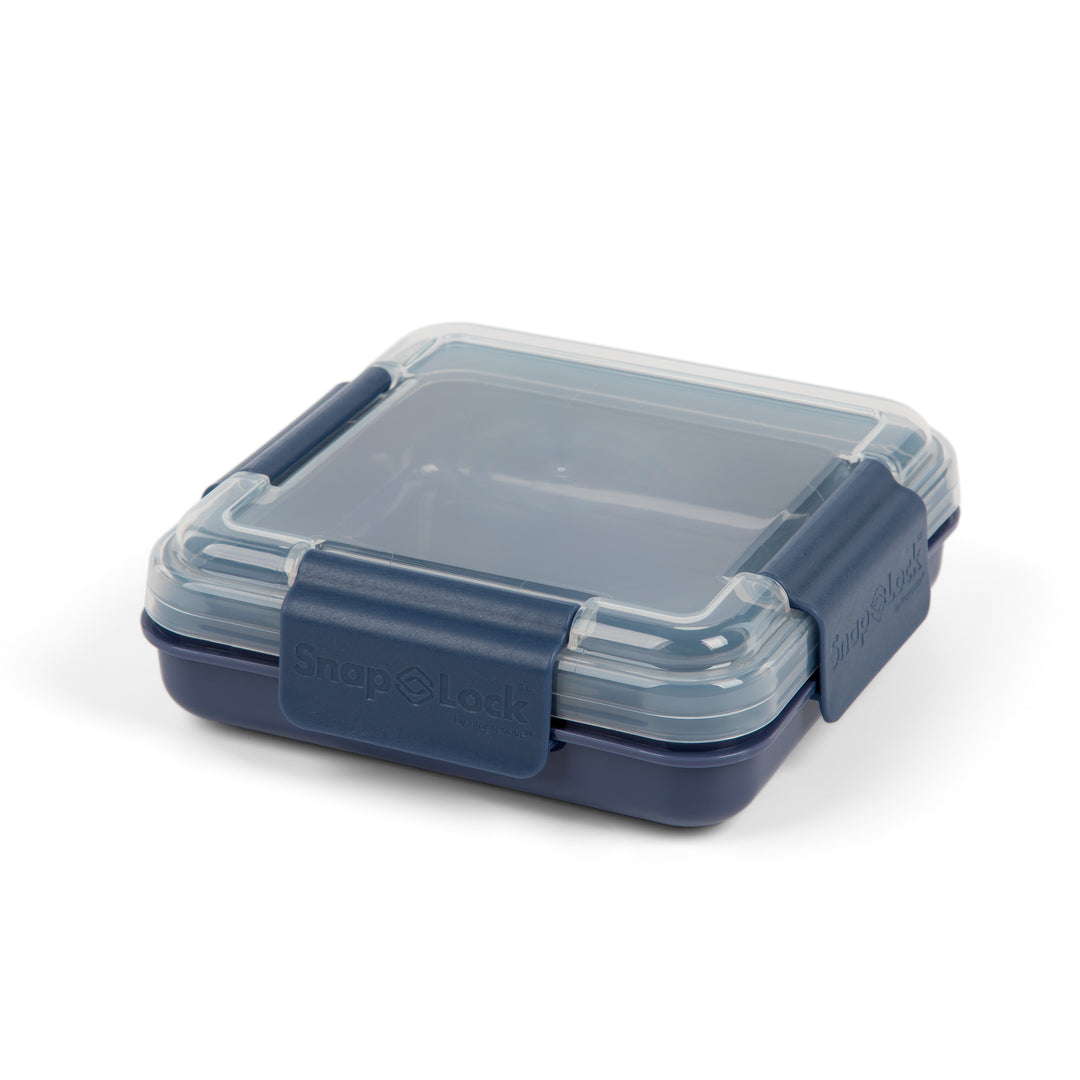 empty navy blue plastic food storage lunch box container with sealed and closed lid