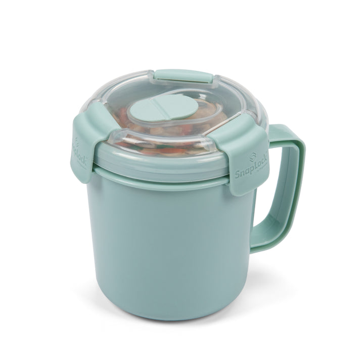 light blue freezer safe and microwave safe plastic soup container with chicken noodle soup inside and sealed lid