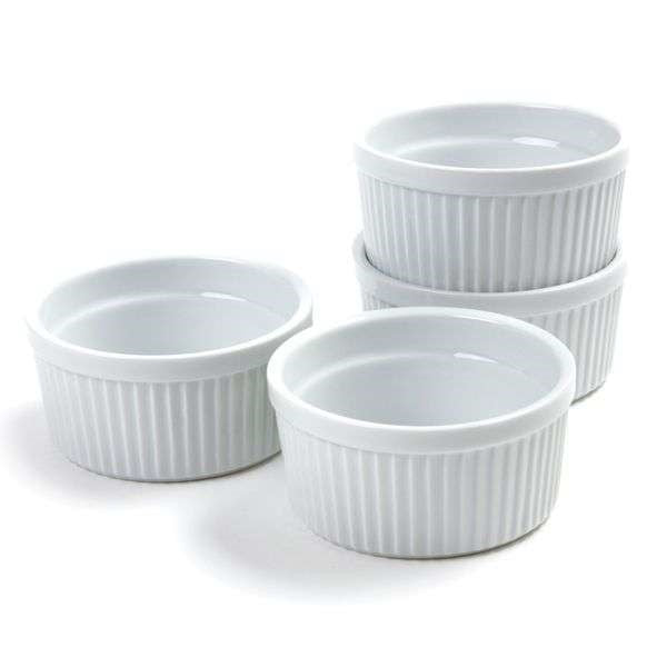 four white porcelain creme brulee ramekins