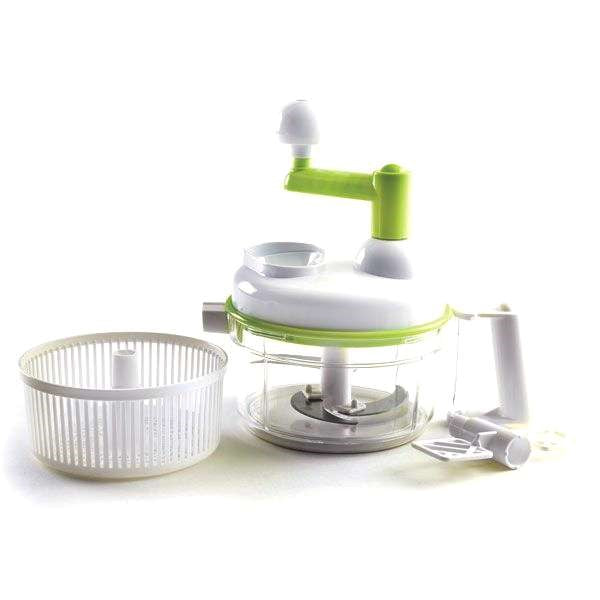 food chopper blender with closeup of salad colander attachment