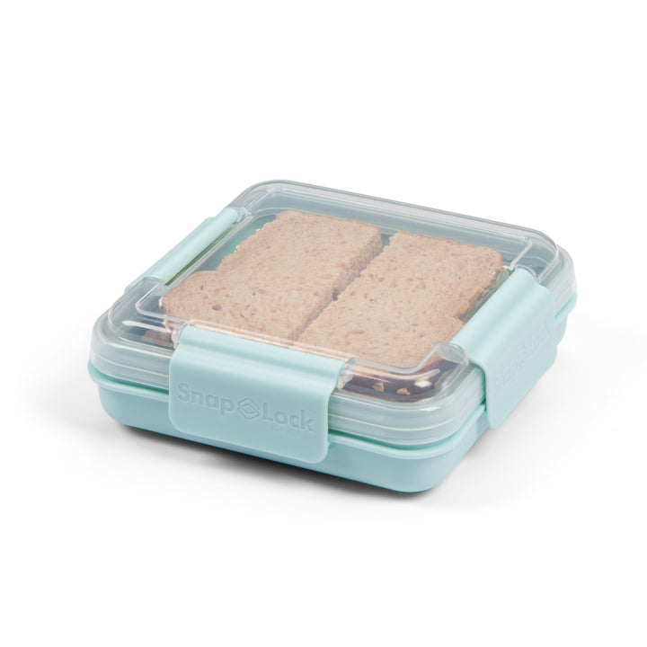 light blue plastic food container for lunch storage with sandwich inside