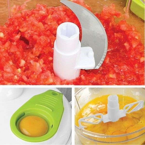 grid photo of food processor with diced tomatoes, egg strainer with yolk, and egg yolks in food processor