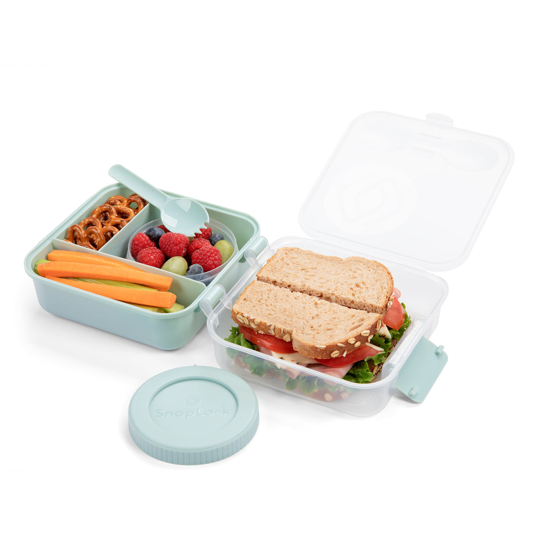 light blue plastic food storage lunch container with lid and lunch including sandwich, chopped veggies, fresh fruit, and pretzels