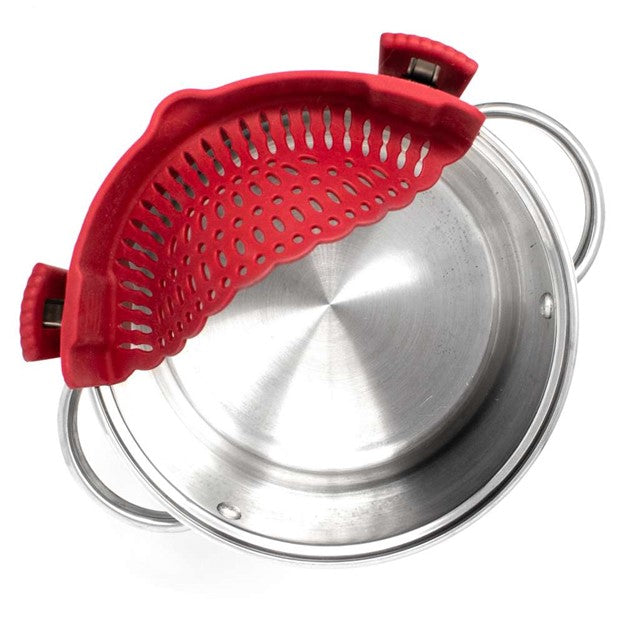 top view of clip on kitchen sieve on silver stainless steel pot