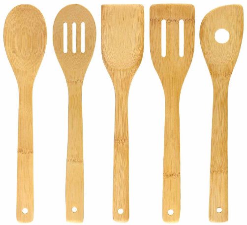 5 piece bamboo kitchen utensil set with spoons and spatulas