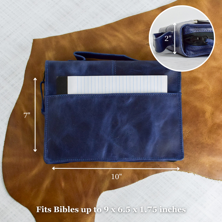 Crazy Blue Full Grain Leather Bible Cover Case with Zipper by World Orphans