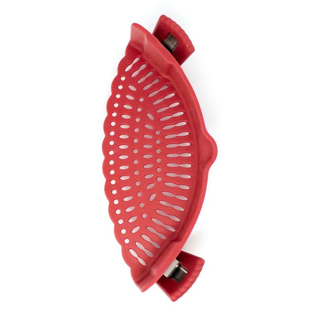 top view of red pasta strainer for kitchen