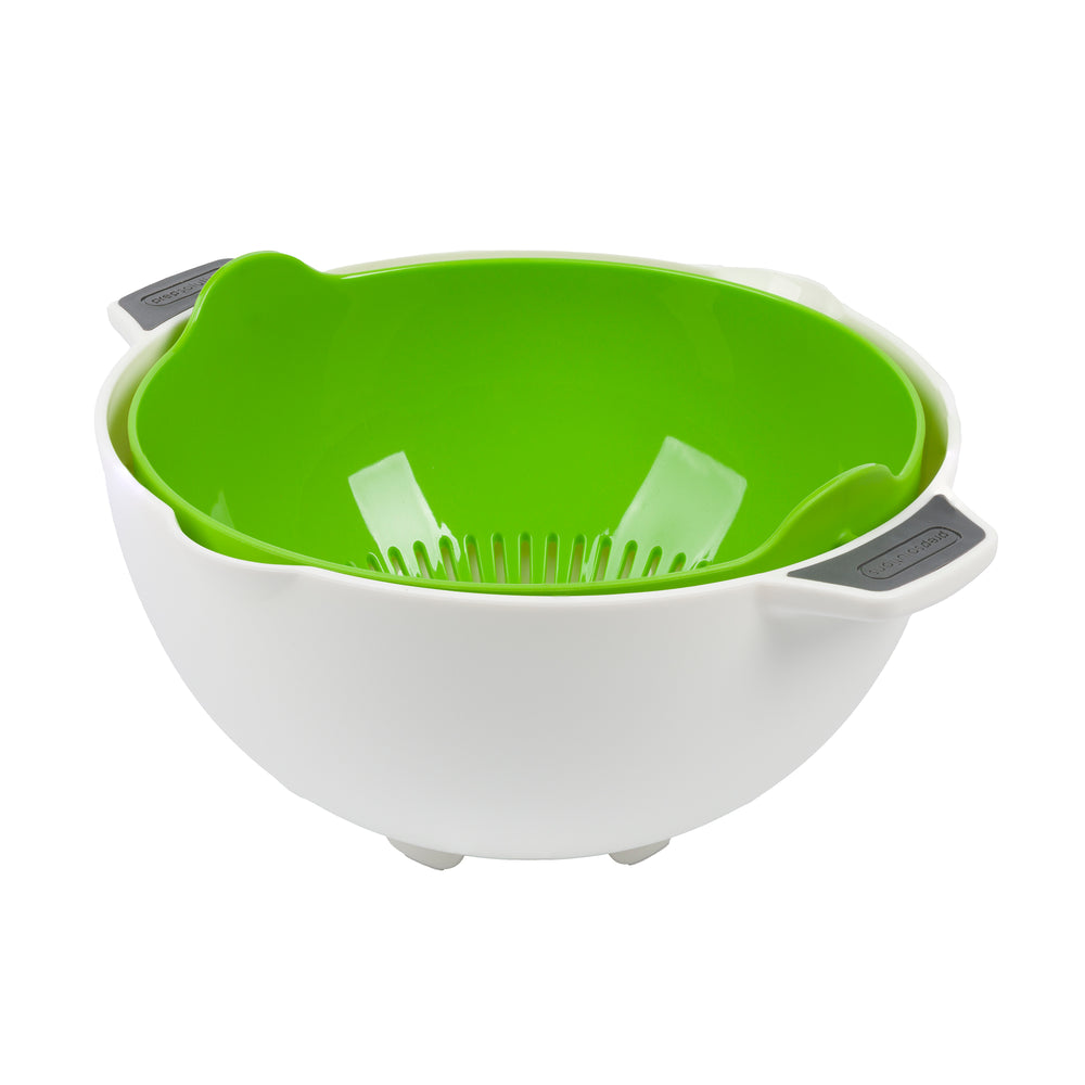 green colander with white plastic bowl