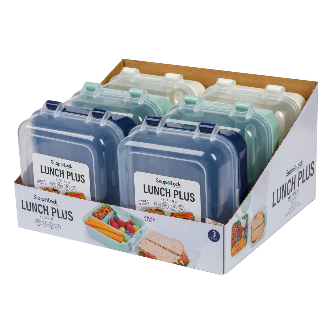 side view of six plastic lunch box food storage containers in navy, white, and mint colors in packaging