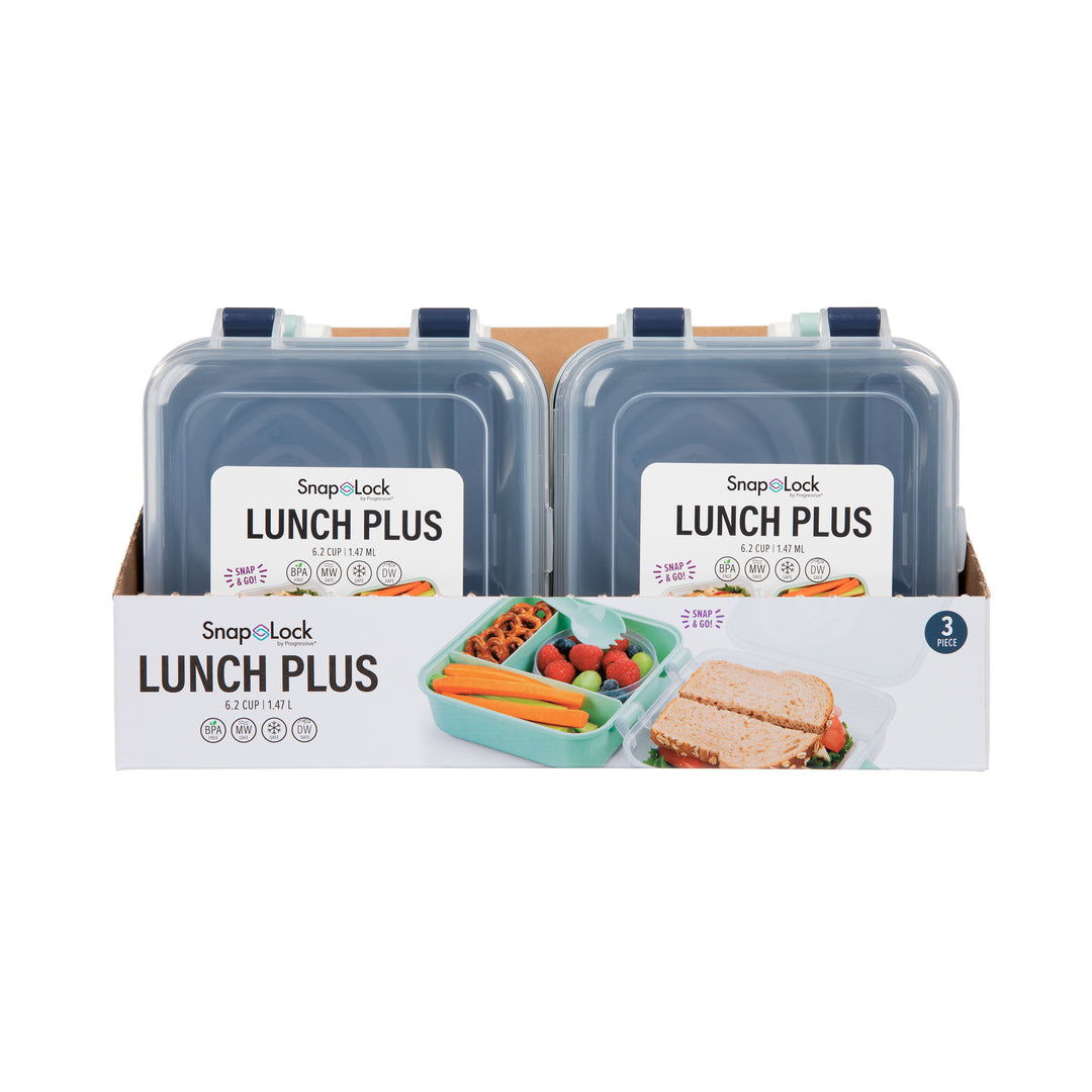 front view of six plastic lunch box food storage containers in navy, white, and mint colors in packaging