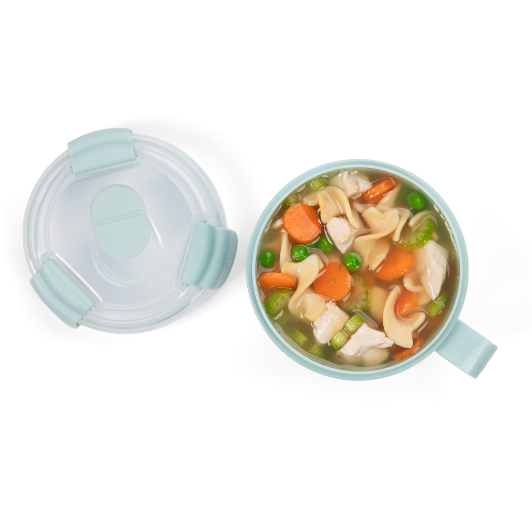 top view of light blue plastic snap lock soup container for lunch