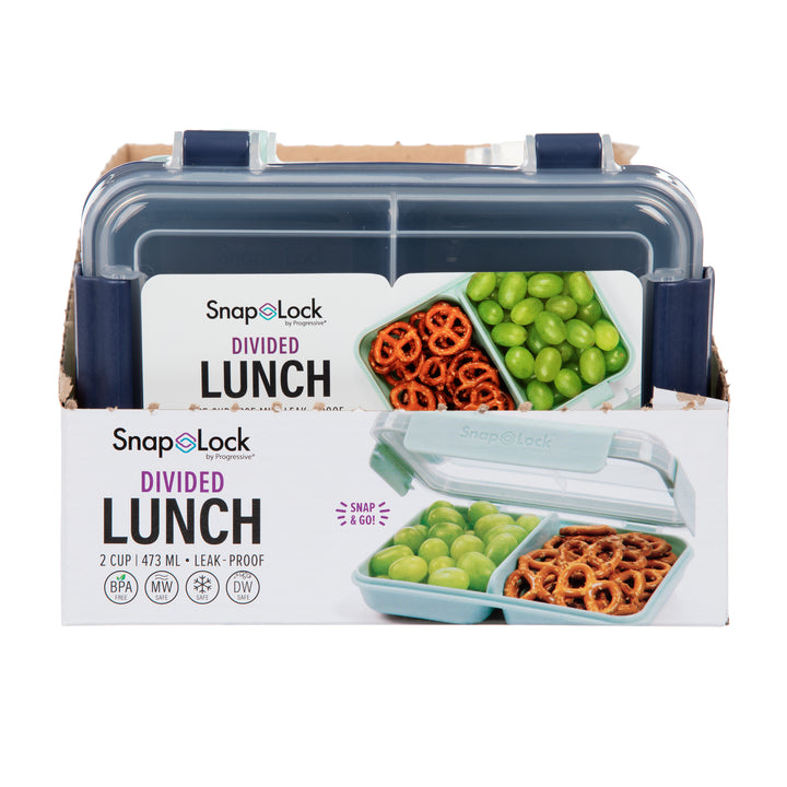 snap lock plastic navy blue divided lunch and snack container in packaging and open box