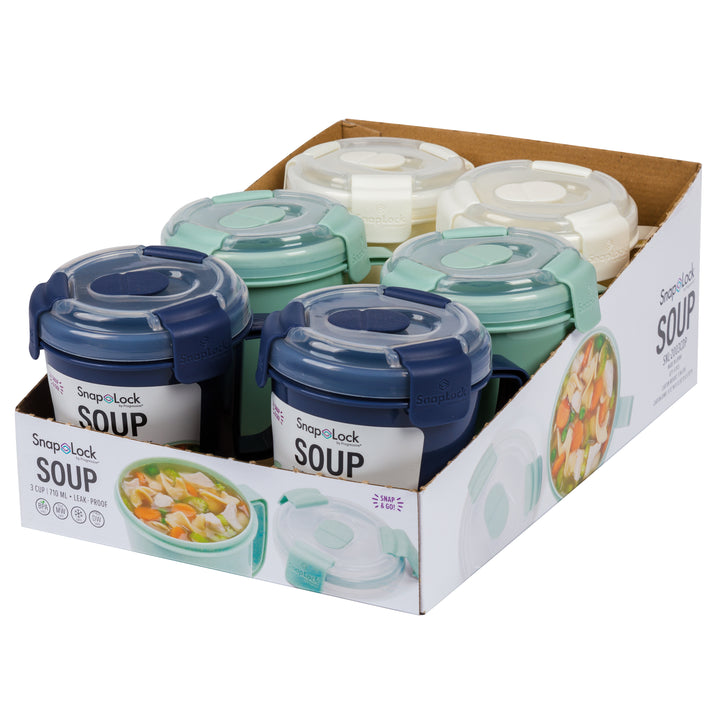 box of six plastic food storage containers with snap lids for soup, two each of white, navy, and light blue colors